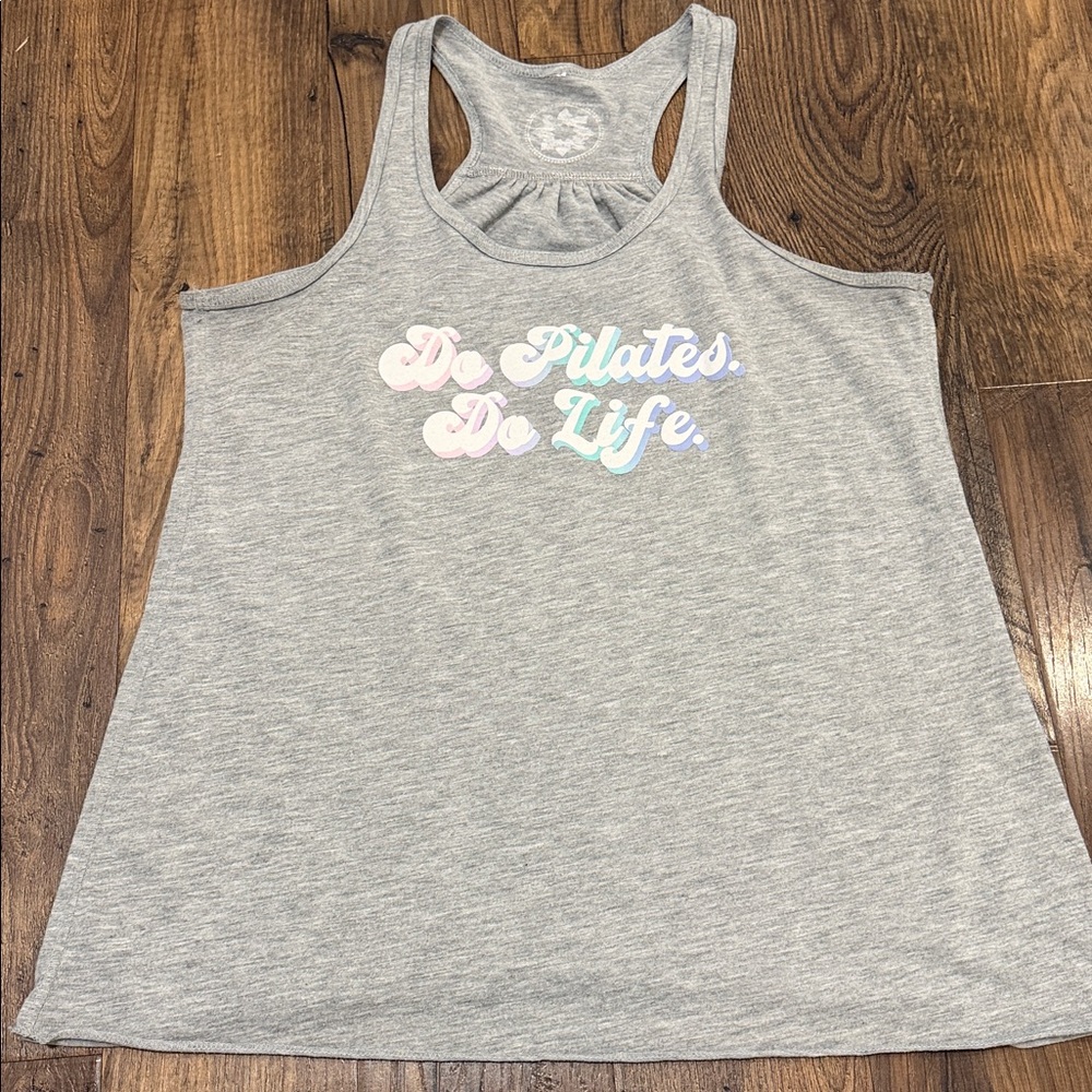 Club Pilates Gray Tank Top with Colorful Text
